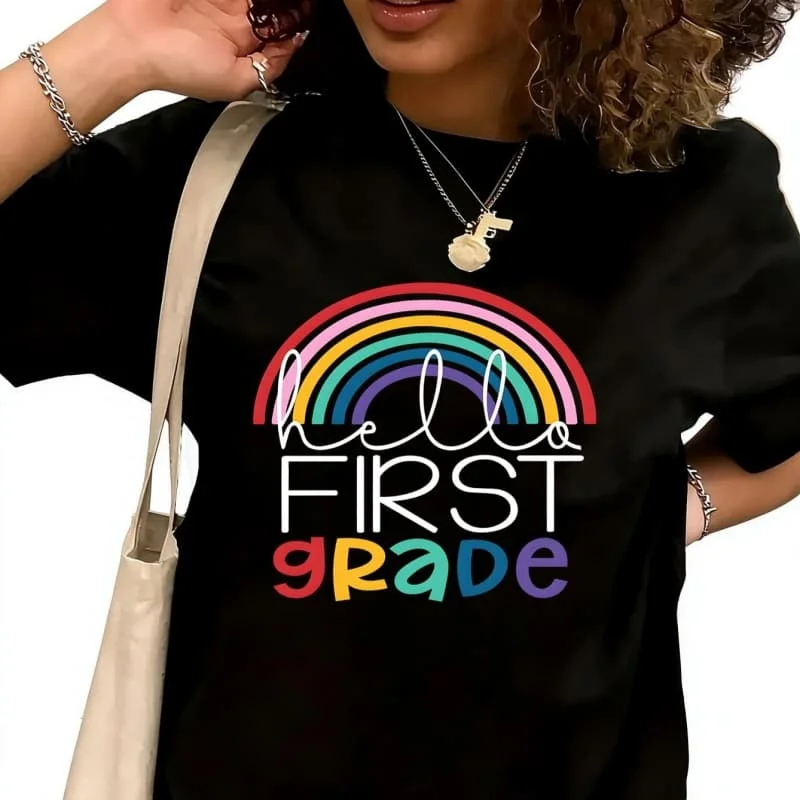 First Grade Teacher Women's T-Shirt 100% Cotton Funny Graphic Short Sleeve Tee Novelty Shirt Casual Crew Neck Top S-5XL