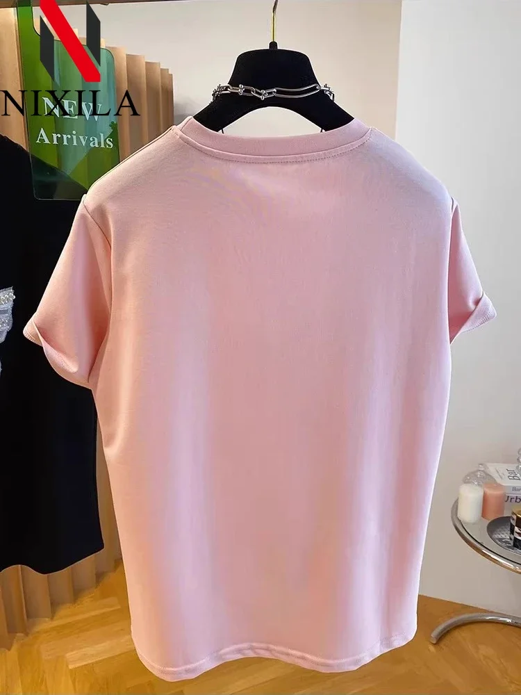 New in Summer Knit Elegant Women\'s T-shirt Pearl Bow O Neck Oversize Short Sleeved Tops Loose Korean Fashion Female Clothing