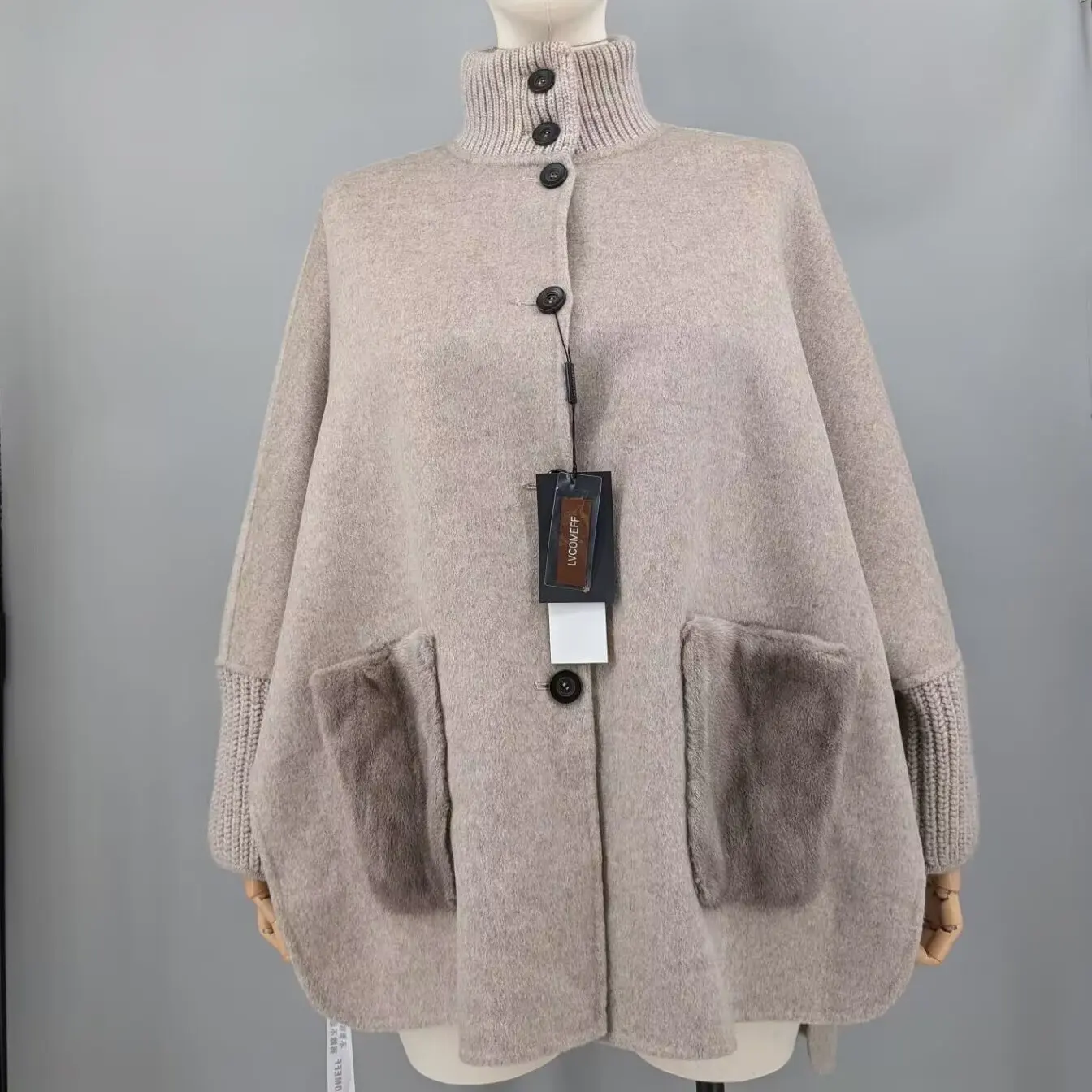 Women Oversized 100% Wool Coat With Real Mink Fur Pockets Stand Collar Button Down Loose Fit Winter Wool Outerwear 250812