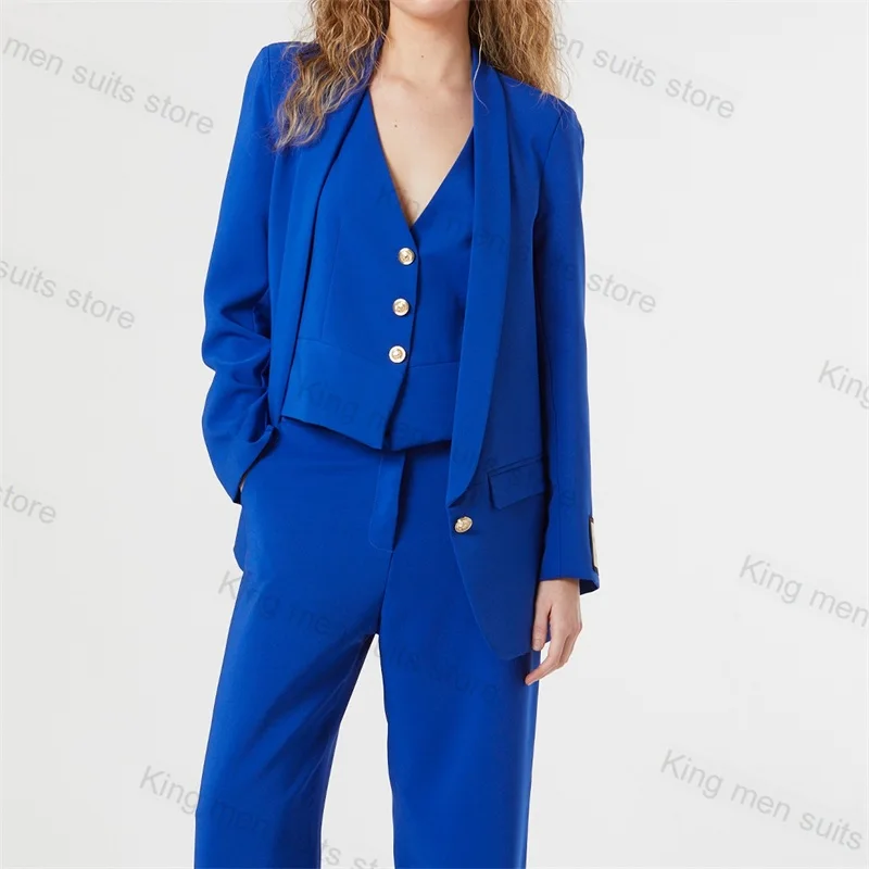 Royal Blue Women Suit Pants Set gilet 3 pezzi + Blazer + pantaloni abito da ballo formale Office Lady abbigliamento da lavoro giacca cappotto smoking su misura