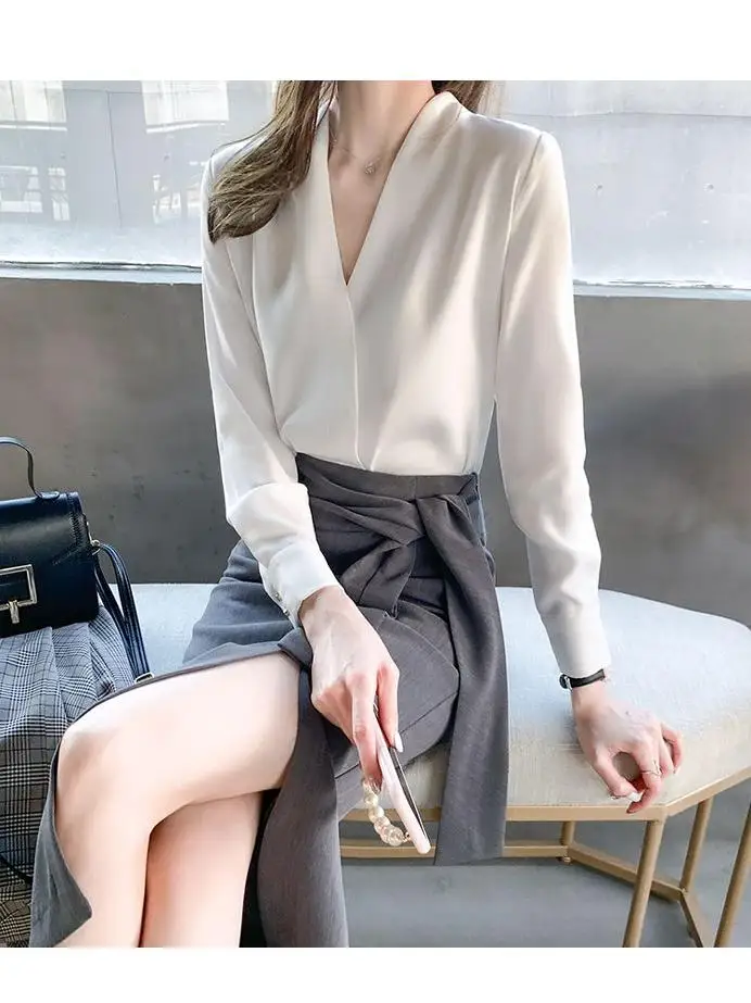 بلوزة Ele Summer White irt النسائية المضادة للتجاعيد ذات ملمس راقي من الشيفون V-Ne Profional ort Sve #3