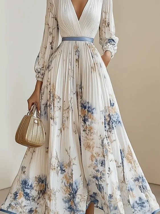 

Faionable Printed Holiday Dr Women's High Waist A-Line Skirt Long Sve V-Ne Polyester Fiber Summer Dr