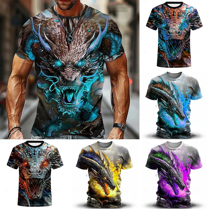 2024 Men's Casual Short Sleeve T-Shirt Summer Casual Crew Neck Printed Dragon Design Oversized Men's Breathable Short Sleeve