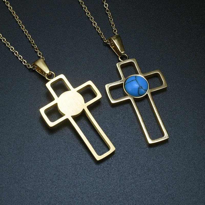 Bulk Jewelry Wholesale Lead Nickel Free Stainless Steel Blue Turquoise Setting Hollow Cross Penadant Necklace for Women Men