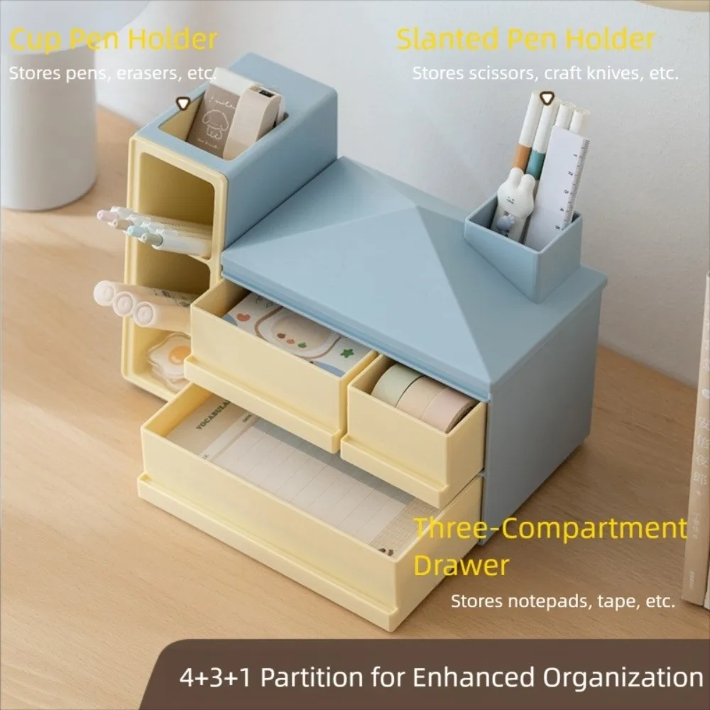 

Large Capacity Slanted Pen Holder with Drawer Finishing Shelf Desk Stationery Storage Box Dopamine Desk Organizer