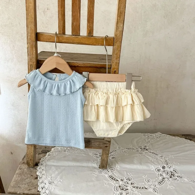 Summer Baby Girls Fashion 2-piece Sets Blue Ruffle Collar Sleeveless T-shirt+Double Layered Skirt Bodysuit Kids Clothes A24020