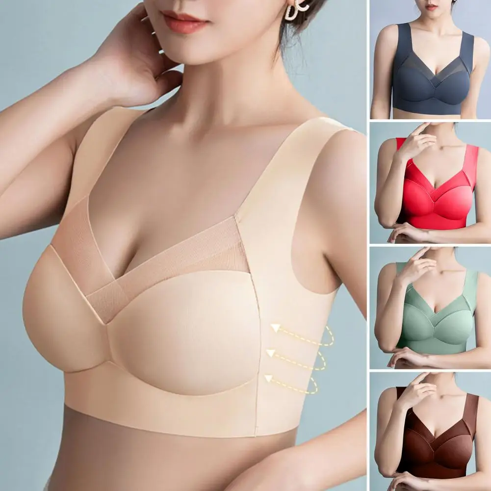 Vest Type Wireless Push-Up Bra Natural Lift Seamless Adjustable Straps Full Coverage Bra Oversized Mesh Patchwork Support Bra