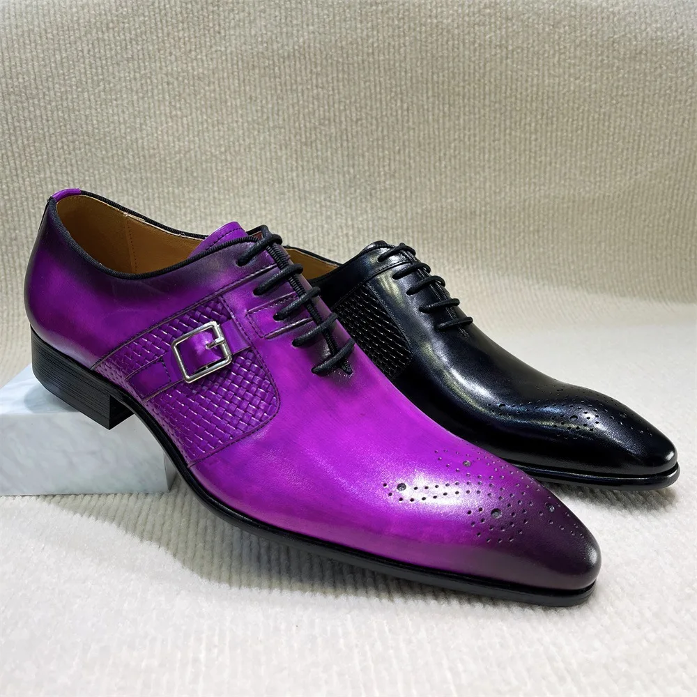 

Purple Round Head Male Loafers Low Heel Men Casual Shoes Spring Hollow Out Flats Fashion Lace-up Dress Shoes