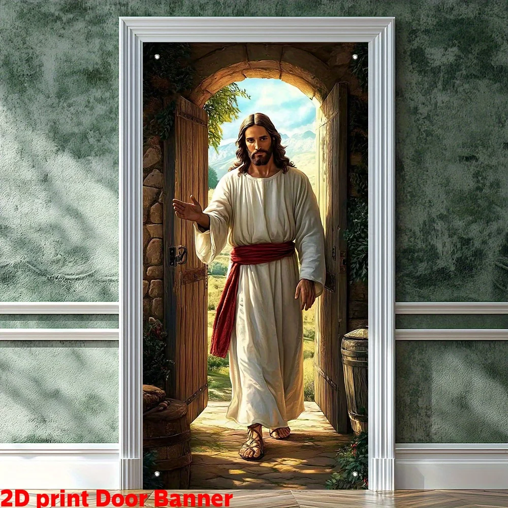 Jesus Door Cover Religious Christian Theme Polyester Door Banner Wall Hanging for Home Entrance Living Room Party Decor