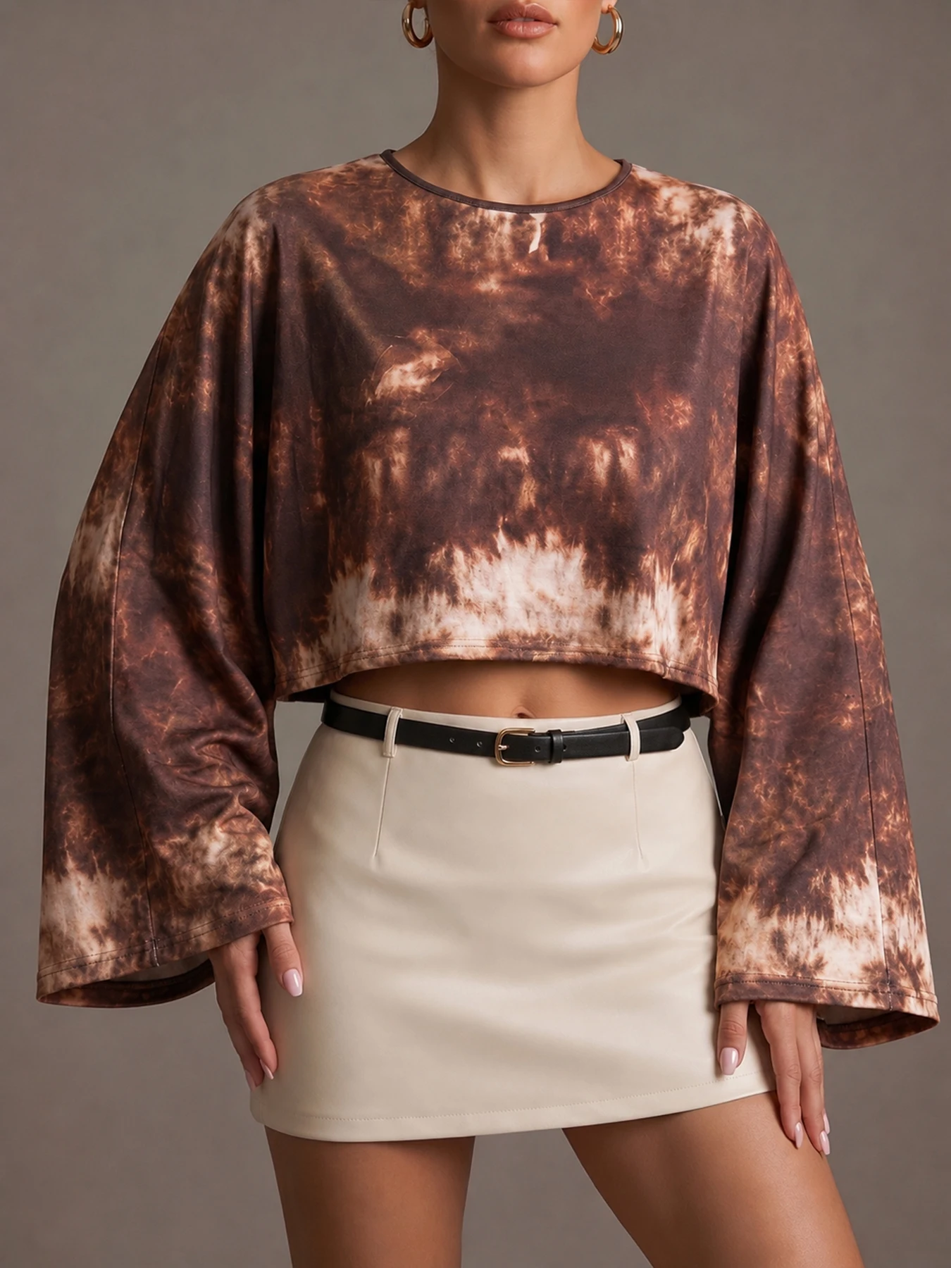 Women's tie-dye flared sleeve cropped top with abstract marble print, lightweight layered top