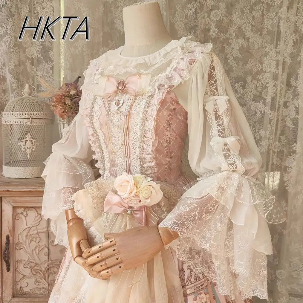 لوليتا كم طويل المتتالية الجولة الرقبة طويلة الأكمام قمصان النساء أنيقة البلوزات البيضاء الدانتيل الربط فضفاض الشيفون Blusas فتاة