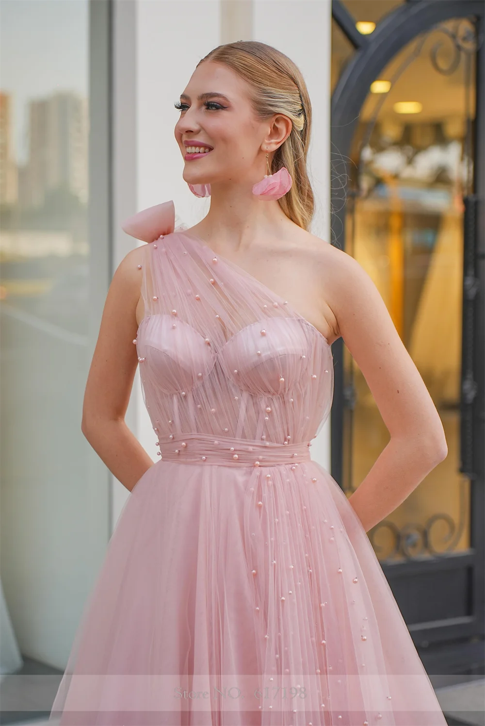 Une robe de Rhen tulle perlé rose initiée pour femme, robe de soirée à lacets, occasion formelle, A-ligne