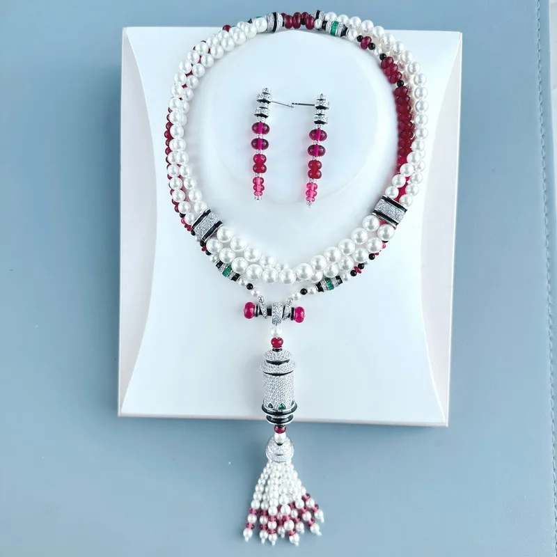 

Designer Vintage Style Long Necklace Earrings Inlay Cubic Zircon Tassels Lantern Pendant Red Beads Pearl Chain Jewelry Sets