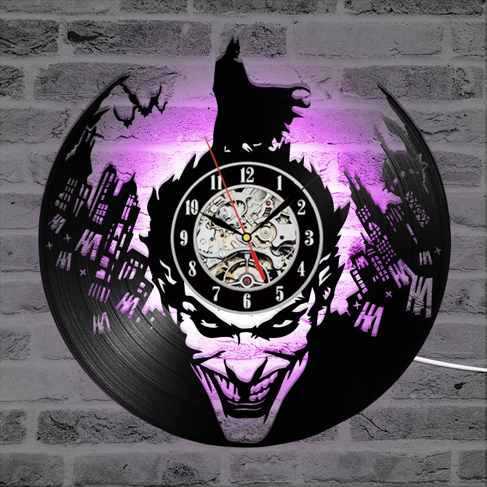 Vinyl Record Wall Clock Bat Joker Home Bar Decor Quartz Movemen Crafts Decor 7colors Light Wall Clocks Antique Home Decor