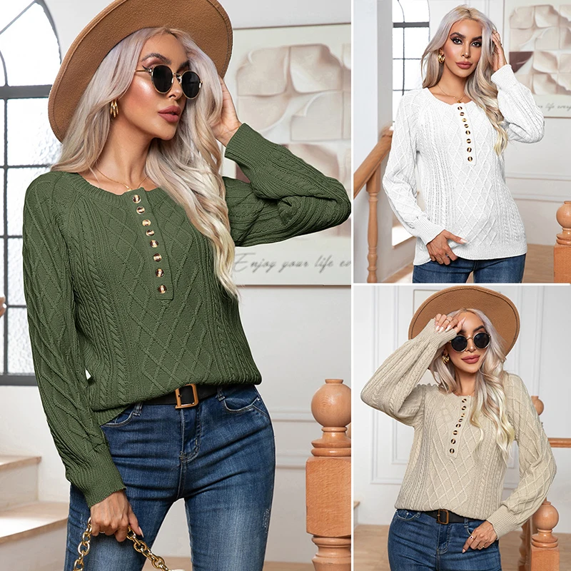 New Autumn Winter Sweater for Woman Jumper Long Sleeve Top Fashion Slim Fit Pullover Button Knitted Woman Clothing Loungewear