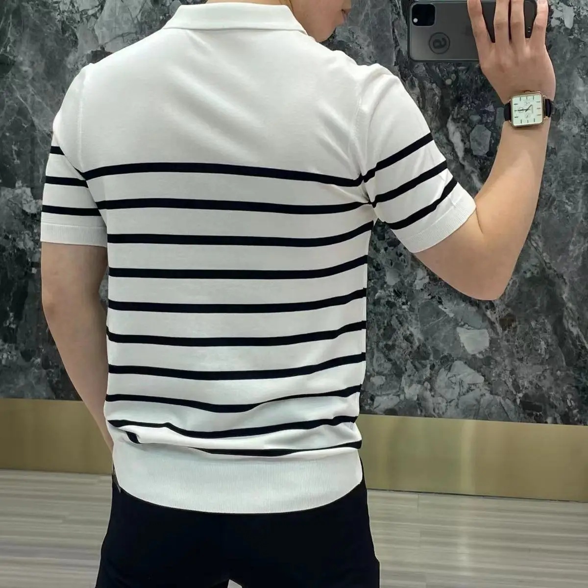 Polo ajustado a rayas para hombre, ropa coreana, ropa de calle de punto, Tops versátiles de manga corta a la moda, Verano