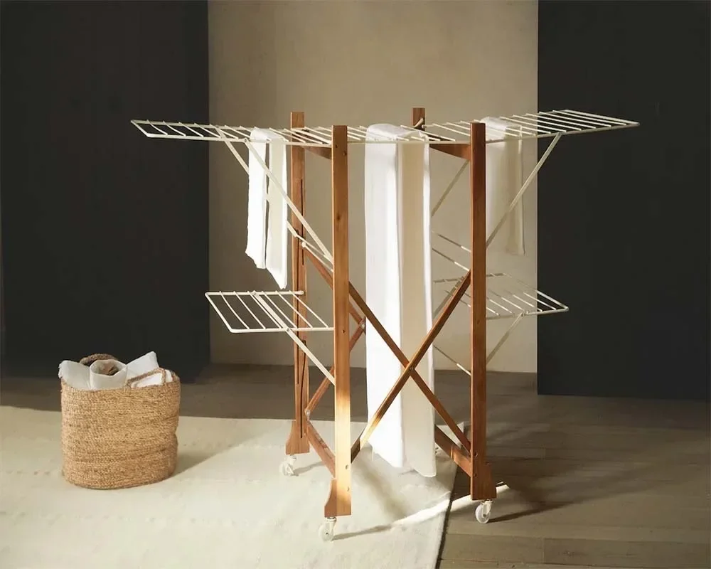 Folding Removable Wooden and Metal Drying Rack with Roller