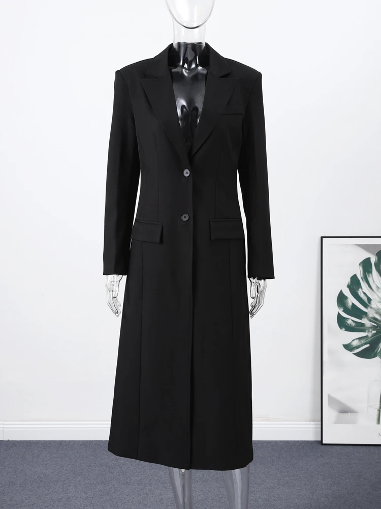 

Элегантный женский длинный пиджак, черное пальто с карманами и v-образным вырезом, женская куртка с пуговицами, повседневное модное женское пальто с длинным рукавом