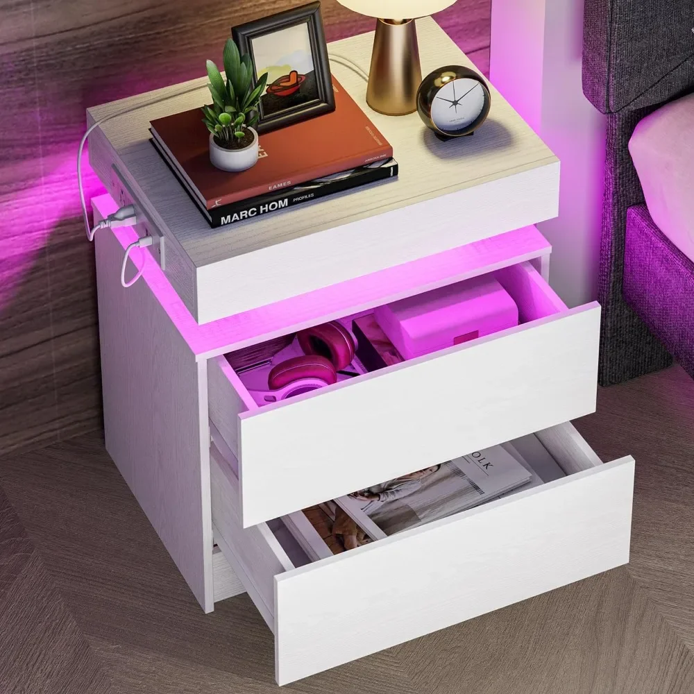 

Night Stand with Charging Station, Modern White Nightstand with LED Light and Drawers, Bedside Tables/End Table for Bedroom