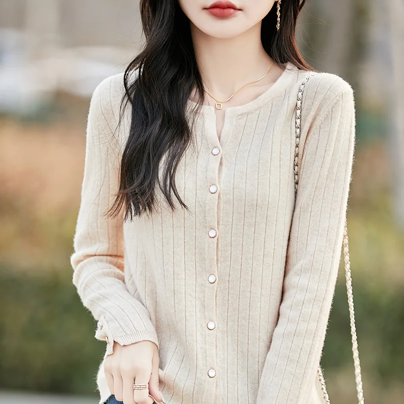 Moda donna tinta unita O-Collo maniche lunghe bottone 100% lana merino cardigan maglione di cashmere abbigliamento morbido comfort caldo top