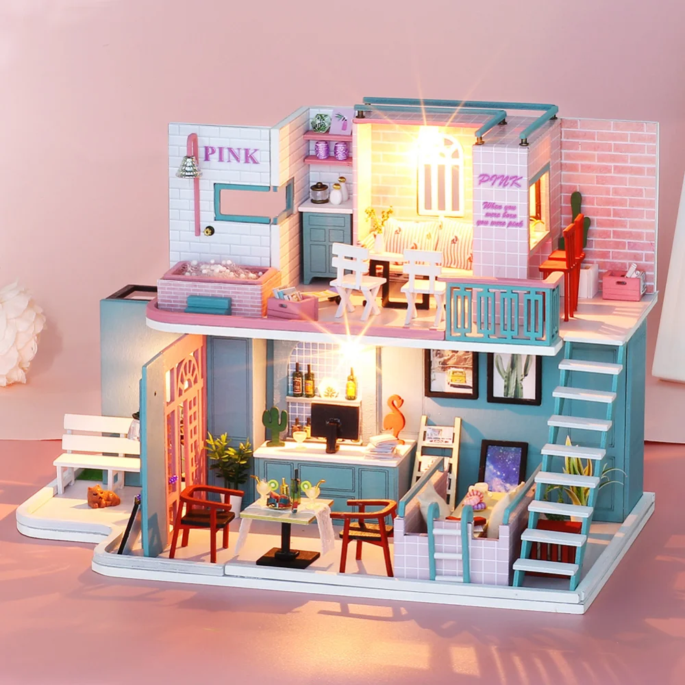 

Diy Miniature Dollhouse Kit with Accessories Pink Cafe, Casa Home, Wooden Doll House, Birthday Gift for Teens Adults