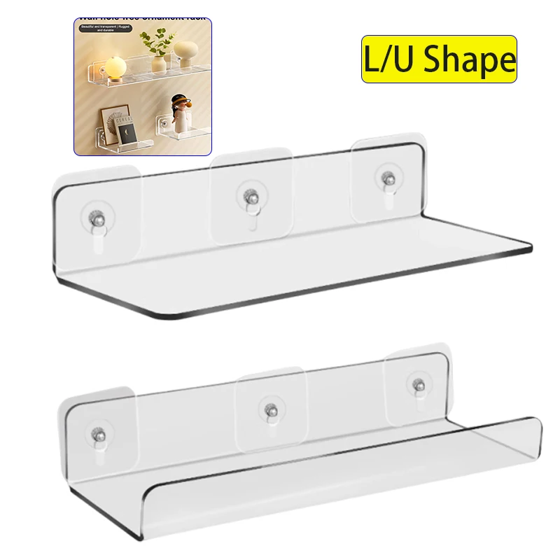 Rack acrílico transparente em forma de l/u para parede, armazenamento de placa de parede sem perfuração, banheiro, cozinha, sala de estar, organizador de rack de exibição de parede