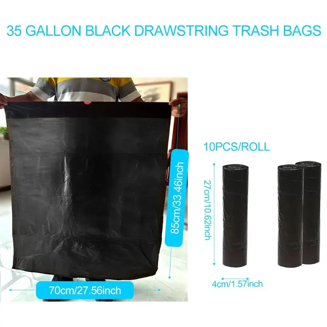 30pcs Heavy Duty Black Trash Bags,35 Gal Large Garbage Bags with Drawstrings for Large-capacity anti-scald kitchen garbage bag