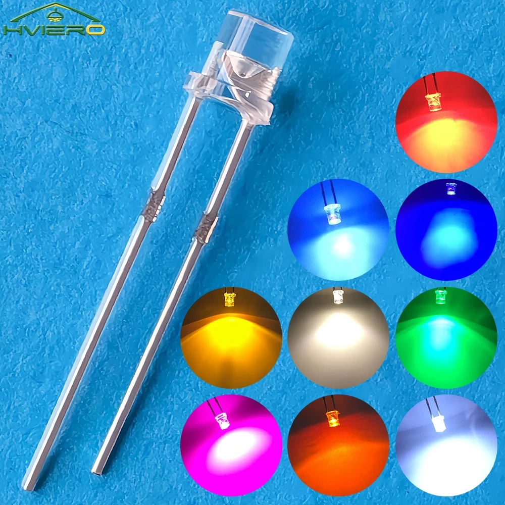 100X F3 3mm 2pins Platte kop Heldere LED Decoratie Lamp Wit Rood Geel Blauw Water Helder Groothoek Light emitting Diode Lamp
