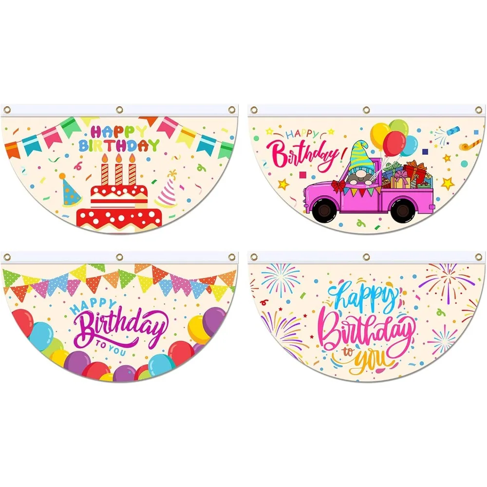 4pcs Happy Birthday Half Round Fan Flag Banner, Balloon Pattern Door Flag Birthday Cakes Short Window Decoration Fan for Party