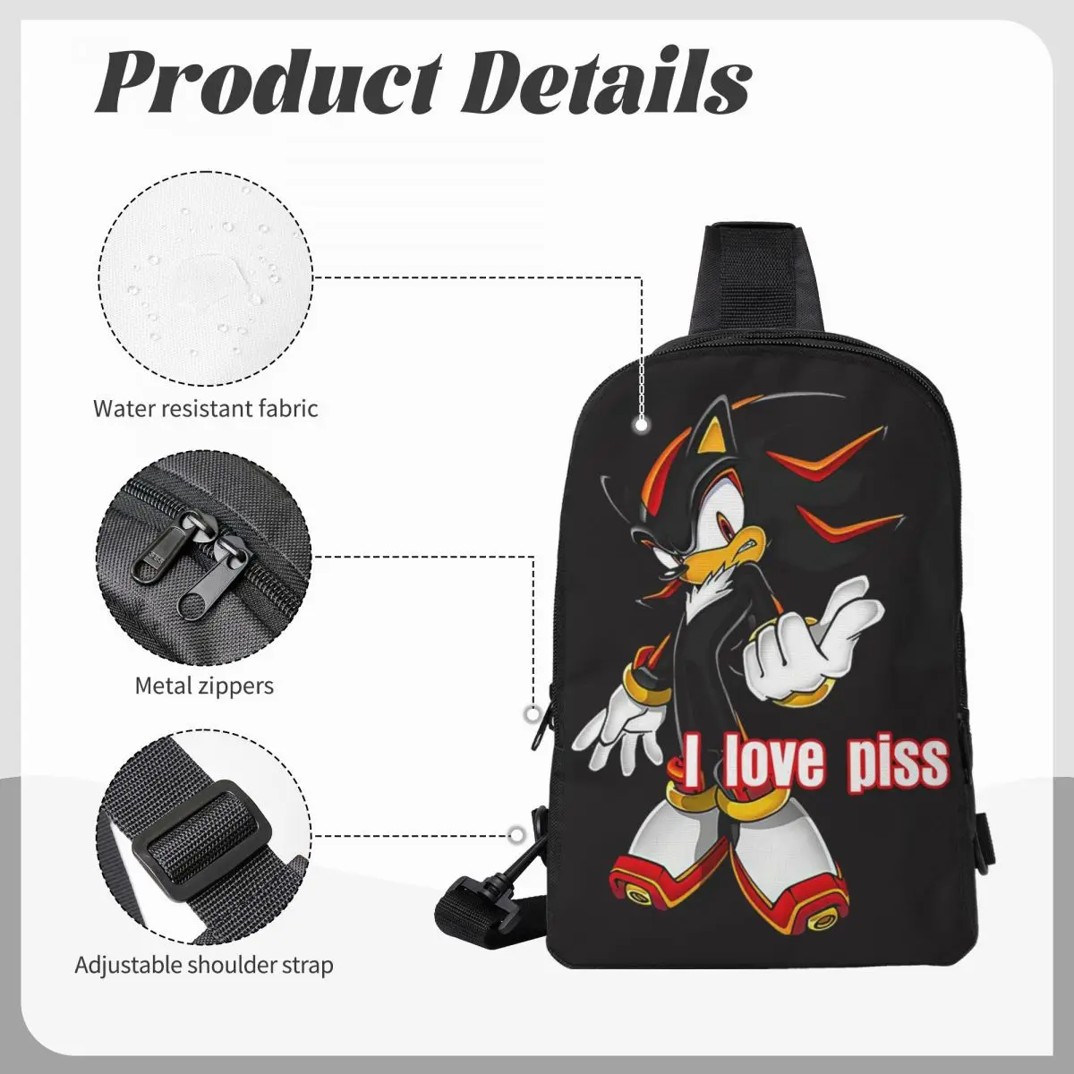 

Shadow The Hedgehog I Love Piss Chest Bag Men Sling Crossbody Backpack Chest Bag Travel Hiking Daypack Shoulder Bag