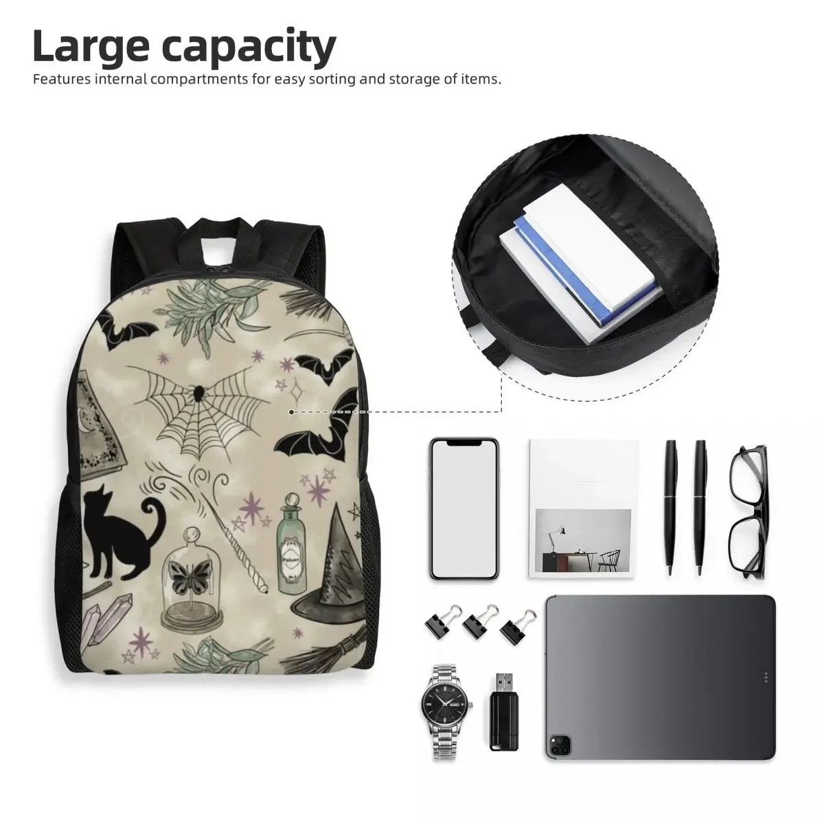 Witch Cat Pattern Travel Backpack Men Women School Laptop Bookbag Halloween Witchy College Student Daypack Bags