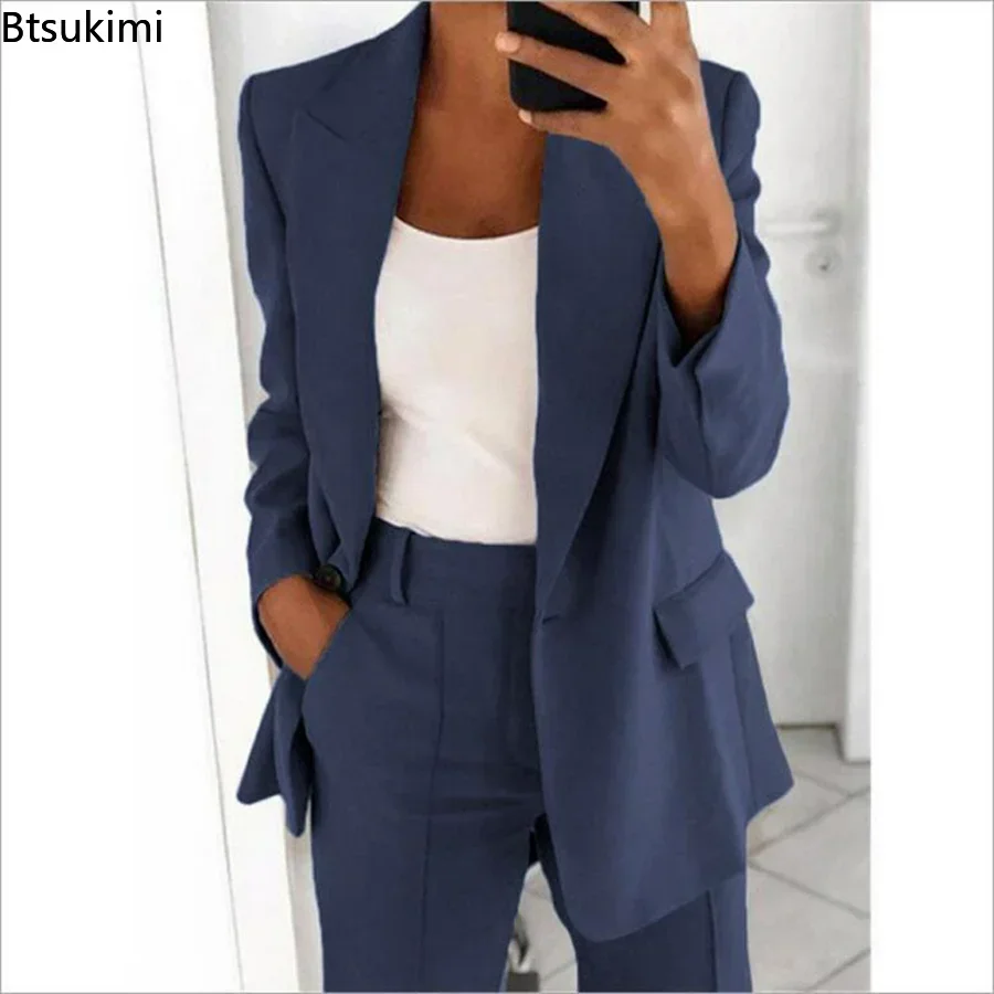 2024Women\'s Solid Blazers Jacket and Pants Sets 2PCS Slim Fit Formal Office Ladies Elegant Clothing Set Two Pieces Oversized 5XL