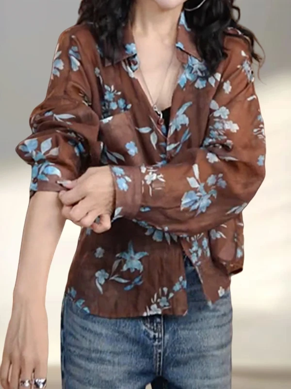 Retro Sle Casual Stampa floreale Lungo Sve Ne irt Donna Primavera Autunno Lazy Faionable Top dall'aspetto giovane