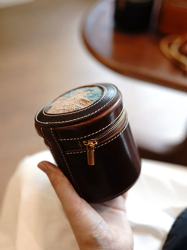 Retro Hand Vegetable Tanningc Cowhide Blanket Stitching Jewelry Box Large Capacity Portable Leather Walnut Collectables-Autograp