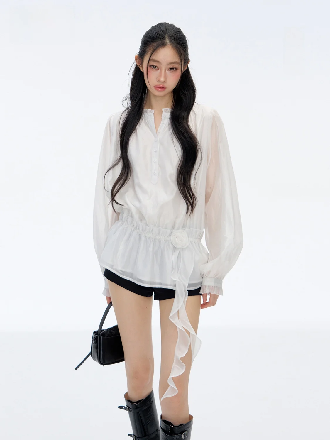 

PUNCH French Sle Loose Fit Silk Blend irt with Ruffle Sves Summer Cool Feeling Long Sve round Ne Pure Color Top