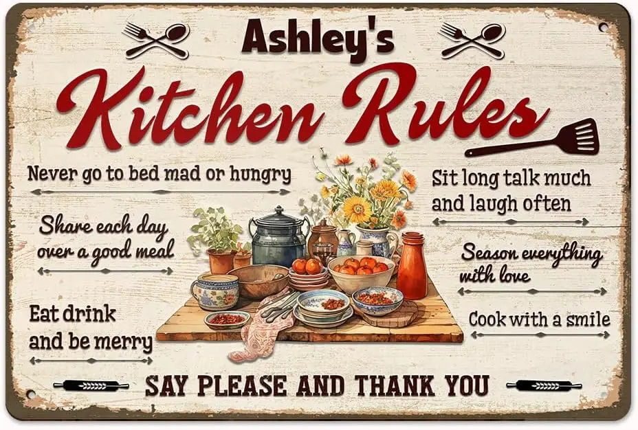 N NAMESISS All Over Printed, Personalized Kitchen Rules Sign, Kitchen Wall Decor, Vintage Kitchen Sign, Kitchen Wall Hanging, 8x
