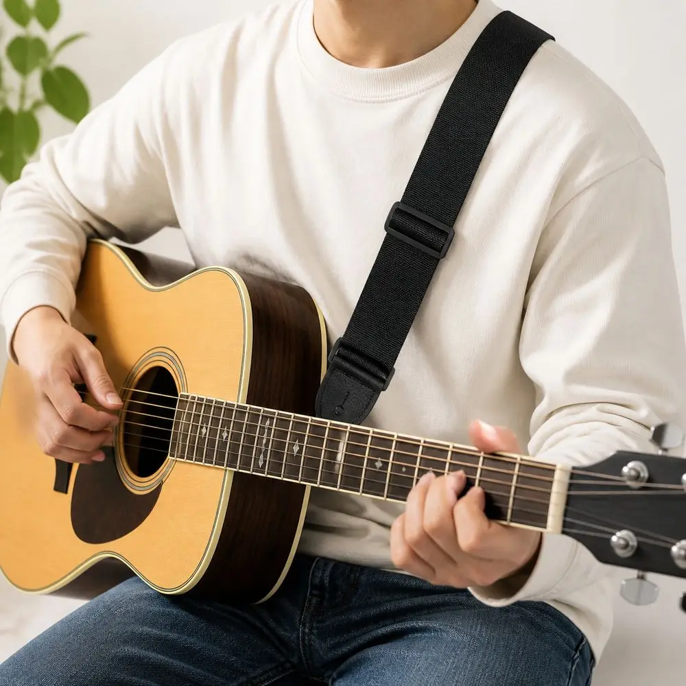 Adjustable Guitar Strap Wide Black Acoustic Guitar Strap Woven Fabric Music Performance Electric Guitar Strap