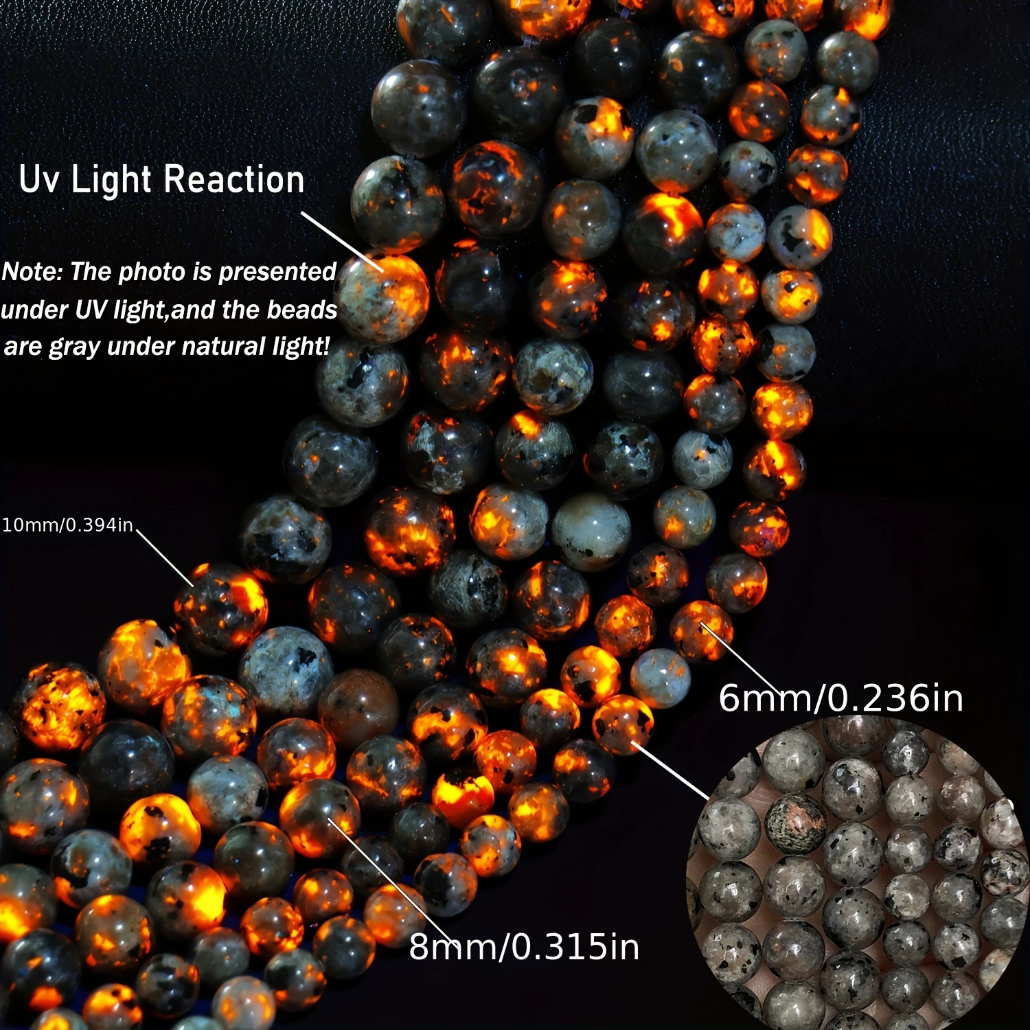 6-12 مللي متر اليوبيرليت الطبيعي توهج حجر الأشعة فوق البنفسجية ضوء رد الفعل Syenite لهب الخرز فضفاض خزر عازل لصنع المجوهرات أساور يدوية #2