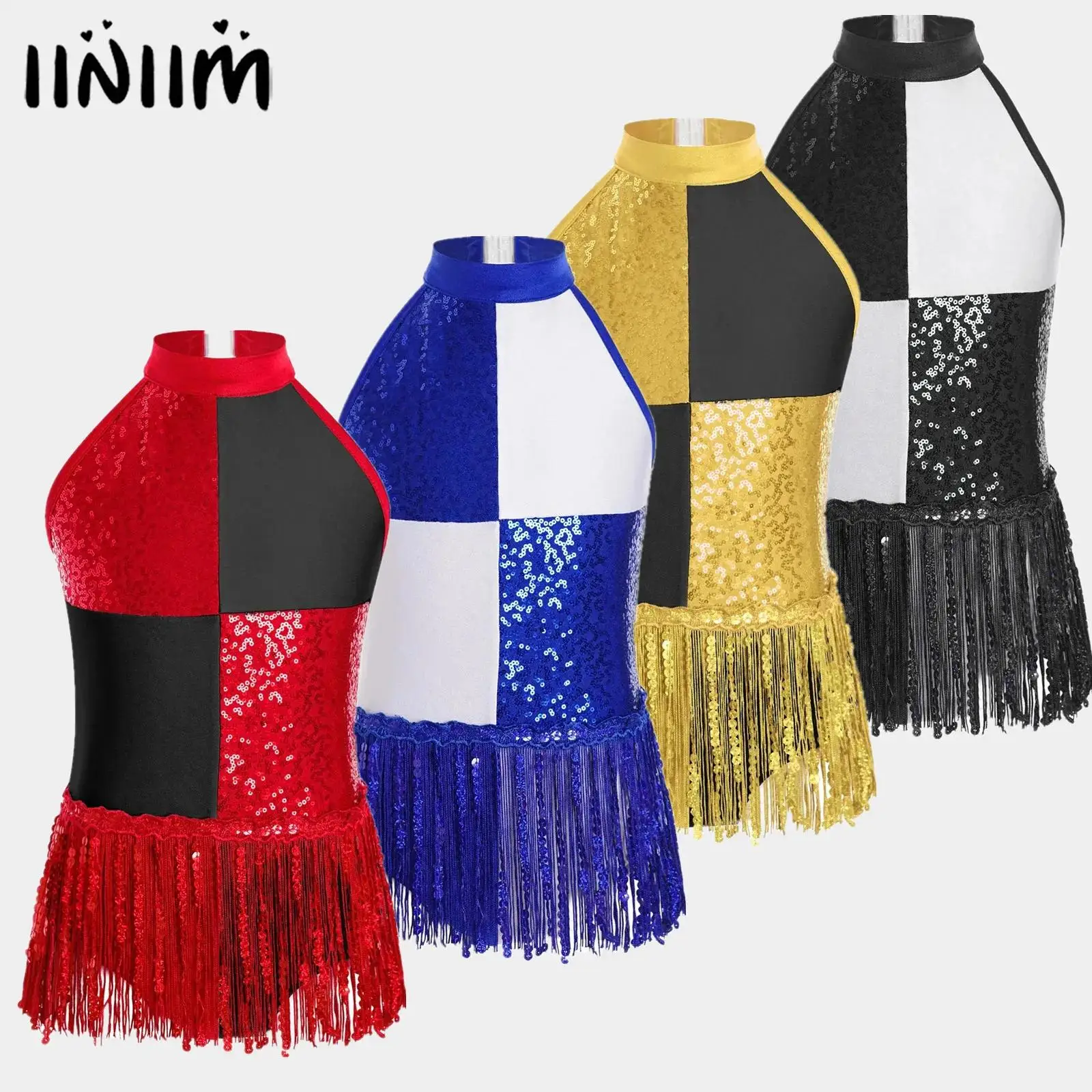 Kids Meisjes Gymnastiek Turnpakje Schaatsen Ballet Jersey Latin Dans Kostuum Glanzende Pailletten Kwastje Halter Backless Turnpakje Bodysuit