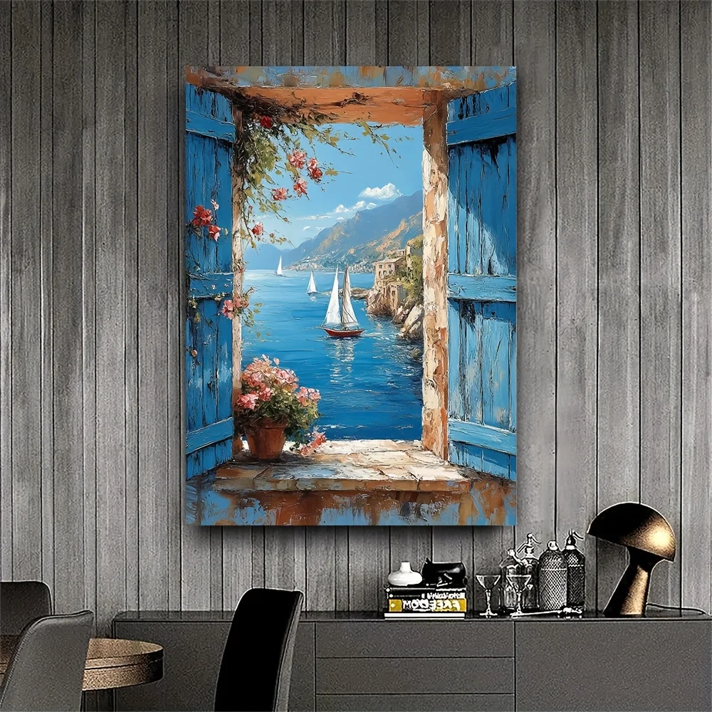 No Frame Charming Window View Canvas Painting - Coastal Sailboat Scene with Shutters, Perfect Wall Art Gift for Relaxing Home De