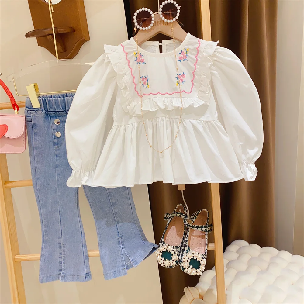 2023 spring autumn new fashion girls\' embroidered Long sleeve shirts Blouse + jeans Pants Clothing set 2PCS suits