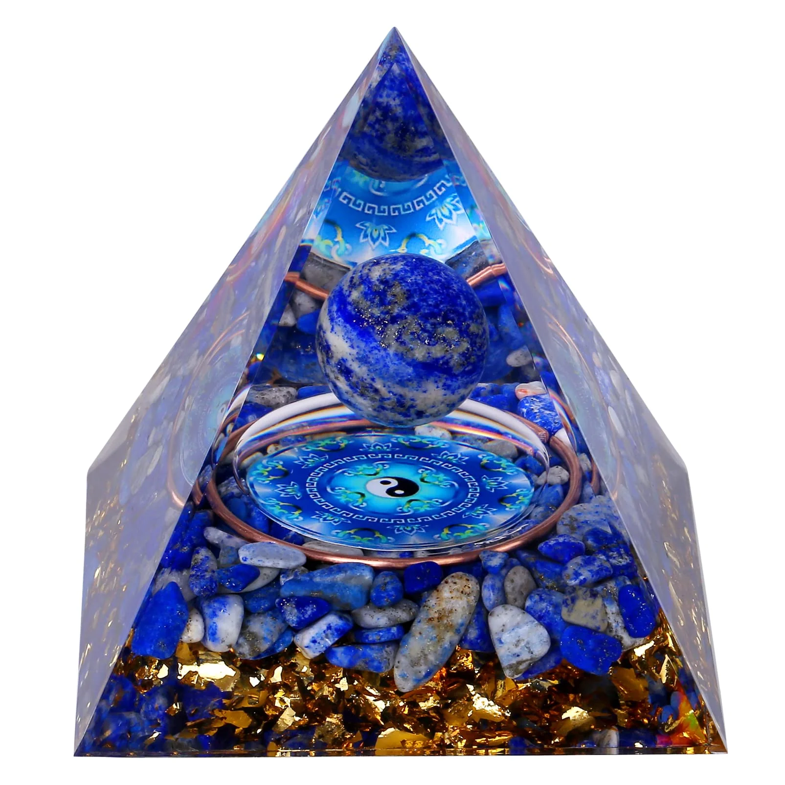 Natural Lapis Lazuli Orgone Pyramid with Crystal Ball | EMF Protection Healing Crystal Pyramid for Meditation & Home Decoration