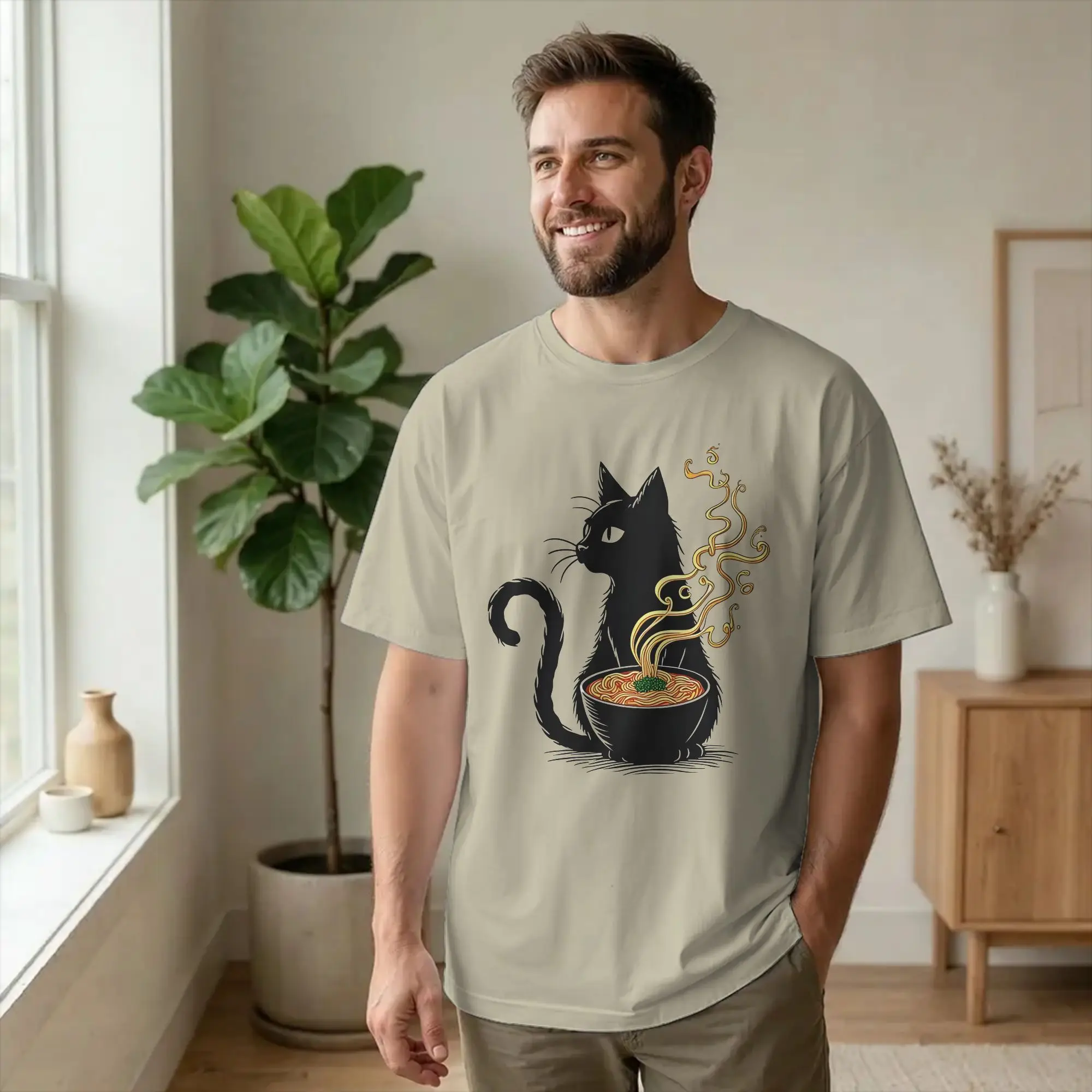 Funny Black Cat Noodle Ramen T Shirt Men's Round Neck Short Sleeve Top Tee  Cotton Summer TopsTops