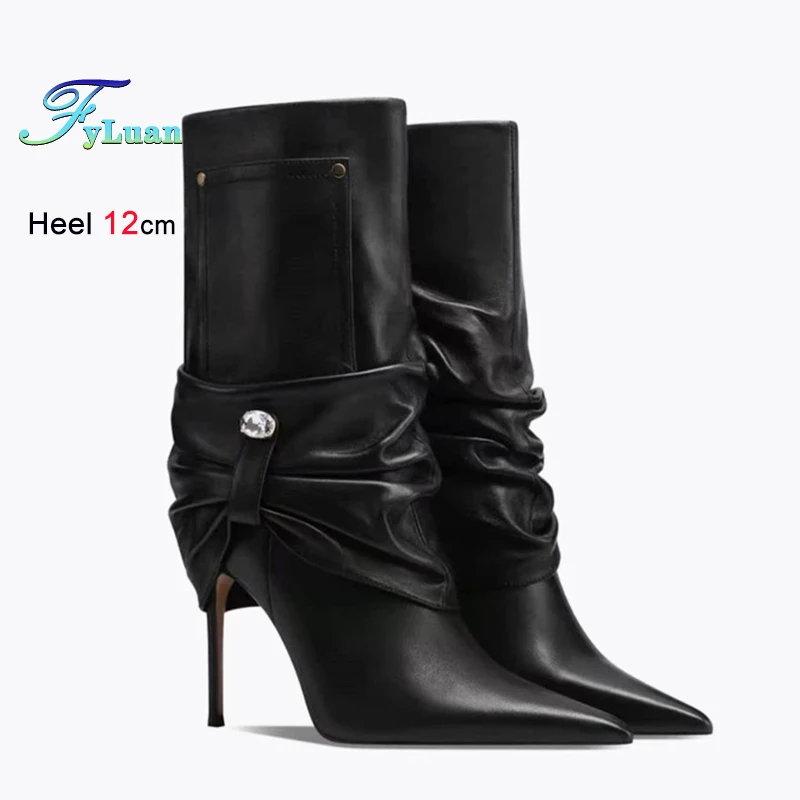 

2026 Новые женские ботинки до середины икры с острым носком, элегантная женская обувь на высоком каблуке 12 см с перевернутым краем, черные ботинки на шпильке со стразами
