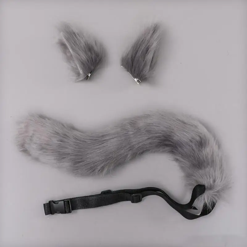 X4YC 3 Pieces Animal Roleplay Furry Set Puppy Ear Headwear Long Fur Wolf Tail Anime Gothic Accessory for Costume Party