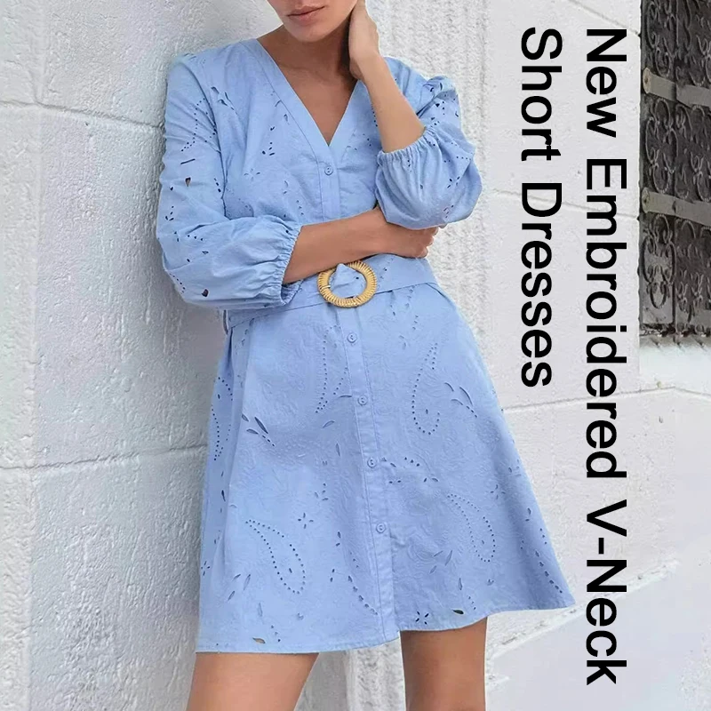 

100% Cotton Women's Dress Solid Color V-neck Sexy Hollow Waist Belt Button 7-inch Sleeve Casual And Comfortable Dress Vestidos