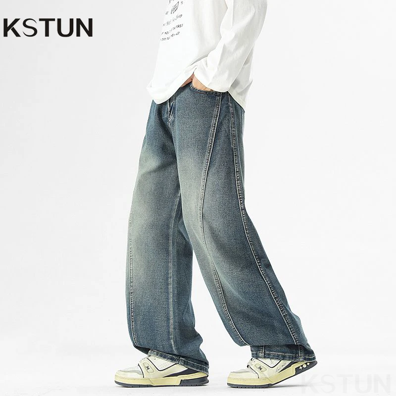 

KSTUN широкие джинсы для мужчин, свободные мешковатые брюки, лоскутные винтажные брюки большого размера с эластичной резинкой на талии, уличная одежда, джинсы в стиле хип-хоп для мальчиков