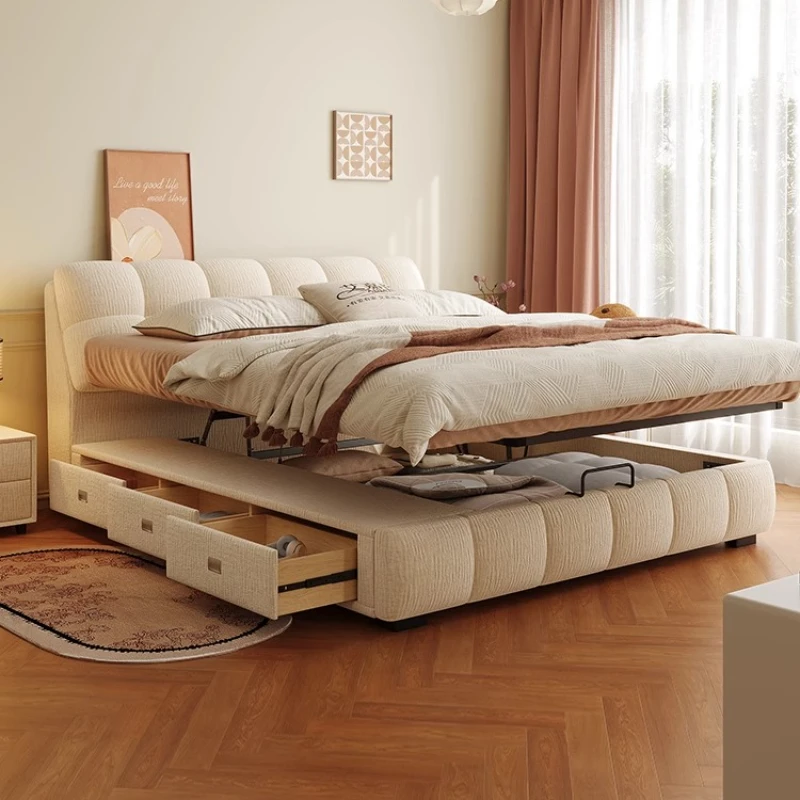 Cream Style Puff Bed Modern Simple Solid Wood Bed Internet Famous Master Bedroom  Three Drawer High Box Storage Cama  Furniture