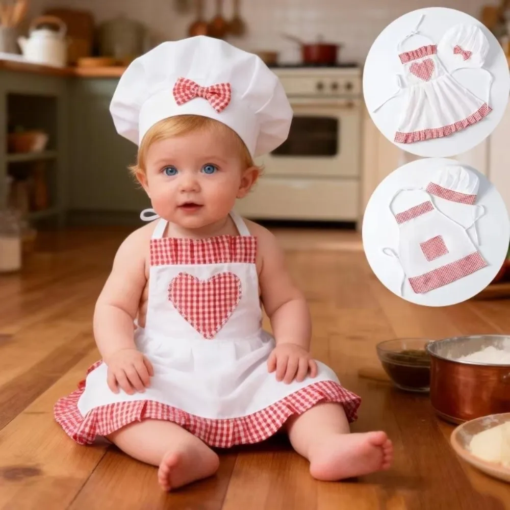Red Gingham Baby Chef Costumes Newborn Size Heart Shape Infant Baker Outfits Studio Accessories Costume Sets Apron Hat Sets