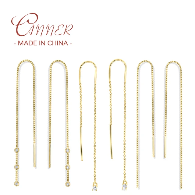CANNER 925 Sterling Silver Trend Long Wire Tassel Chain Bling Zircon Pendants Drop Earrings Biżuteria damska wisząca 2szt.